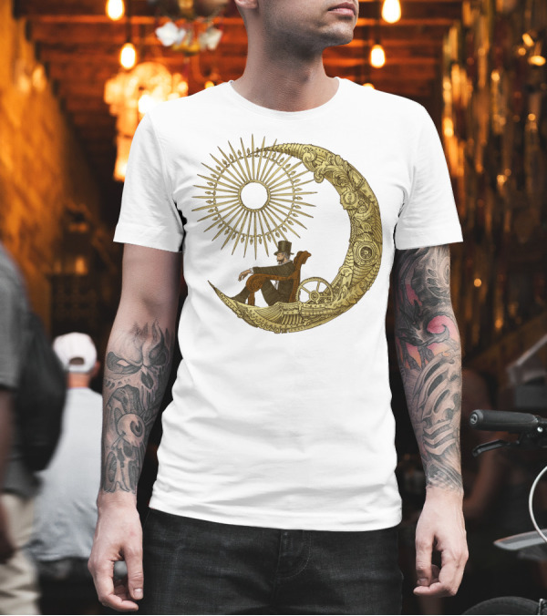 Victorian Gentleman on Ornate Crescent Moon with Sunburst - Moon Travel T-Shirt Victorian Gentleman on Ornate Crescent Moon with Sunburst - Moon Travel T-Shirt