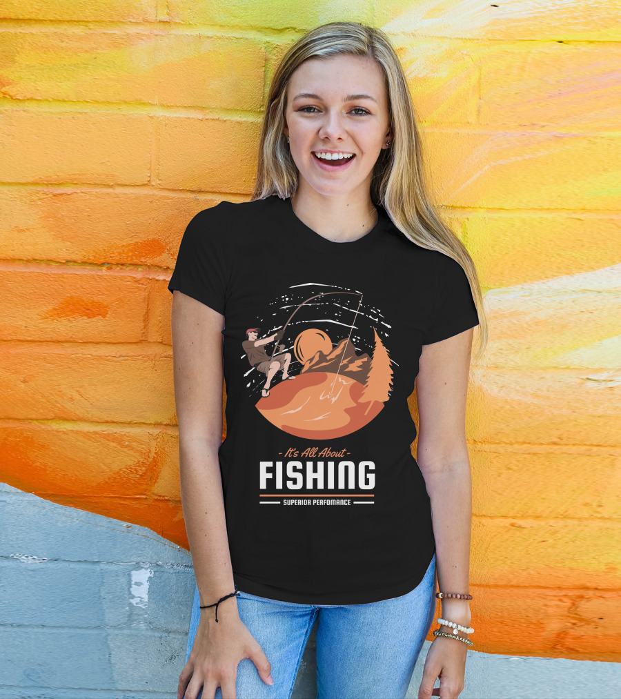 All About Fishing Superior Performance With Mountain And Sunset Scene T-Shirt