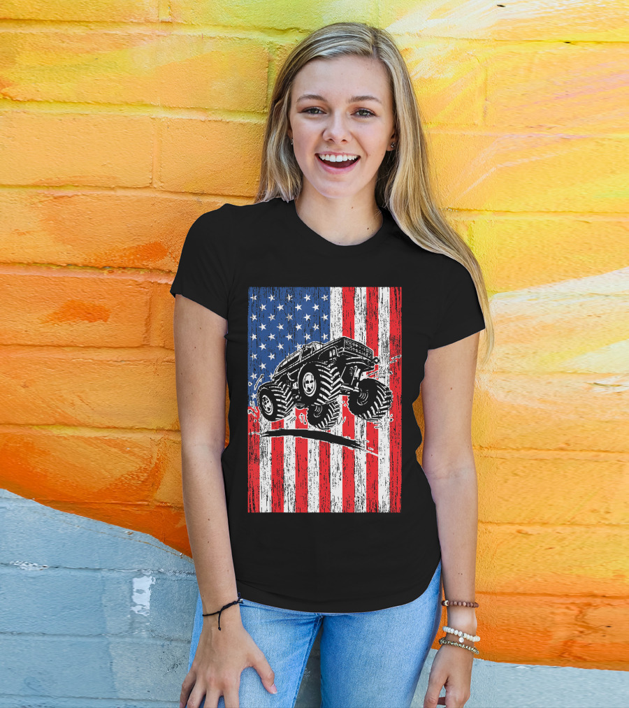 American Flag USA Monster Truck Enthusiast Patriotic T-Shirt