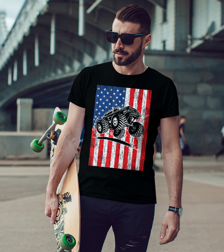 American Flag USA Monster Truck Enthusiast Patriotic T-Shirt