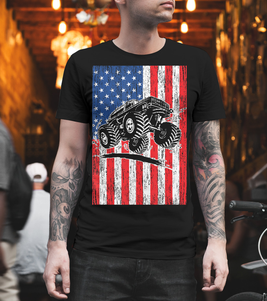 American Flag USA Monster Truck Enthusiast Patriotic T-Shirt