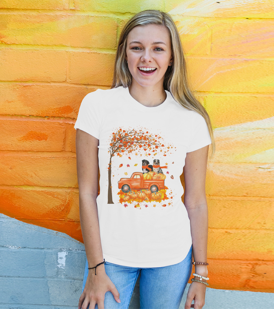 Australian Shepherds With Pumpkins On Orange Truck In Autumn Scene T-Shirt