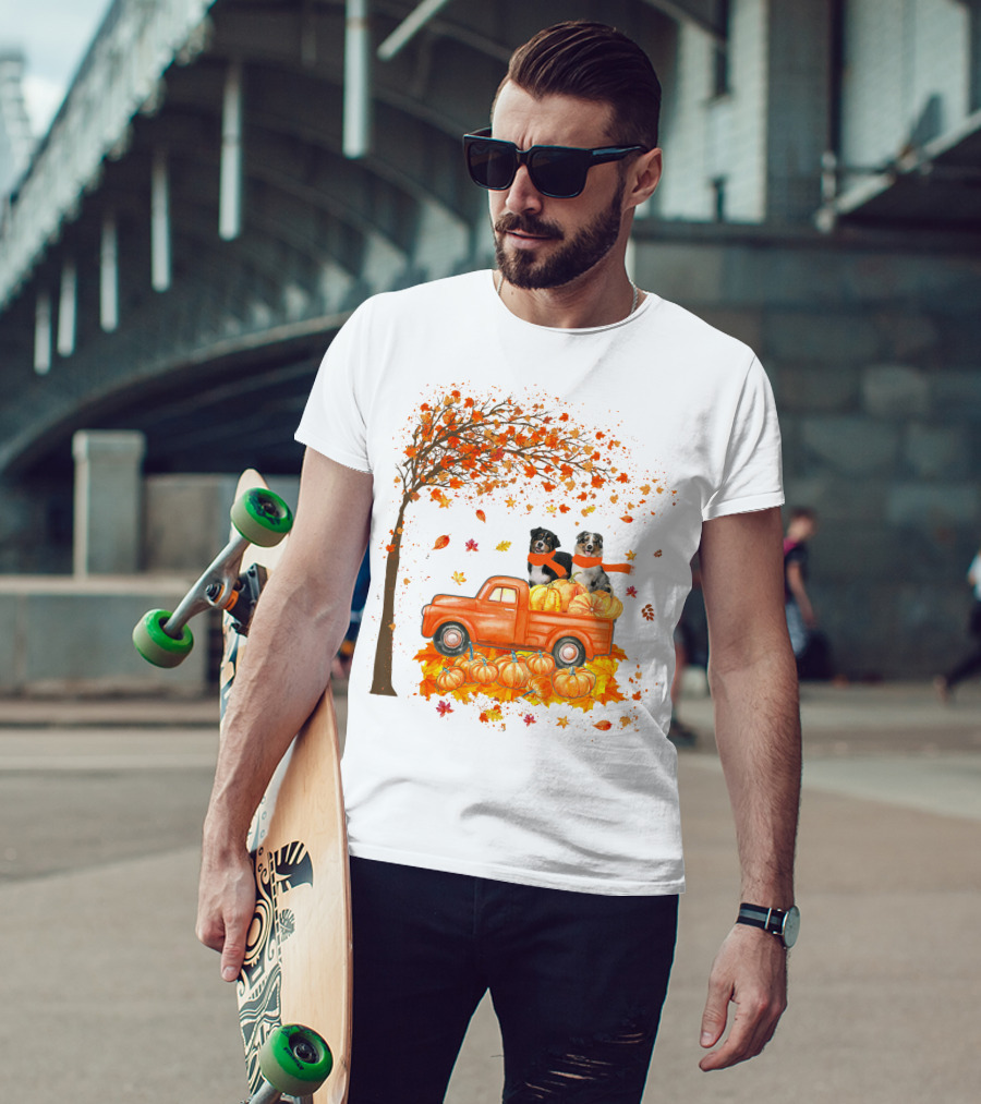 Australian Shepherds With Pumpkins On Orange Truck In Autumn Scene T-Shirt
