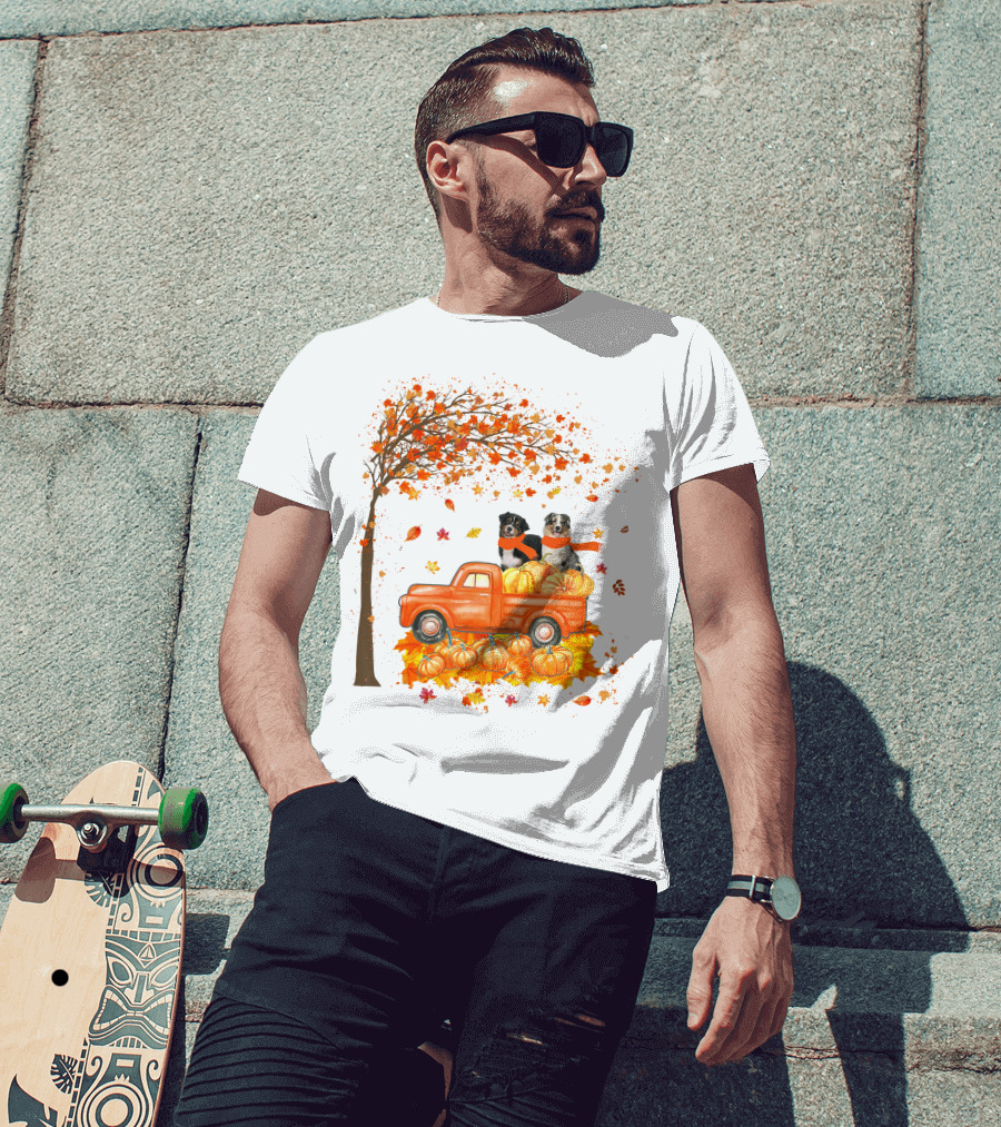 Australian Shepherds With Pumpkins On Orange Truck In Autumn Scene T-Shirt