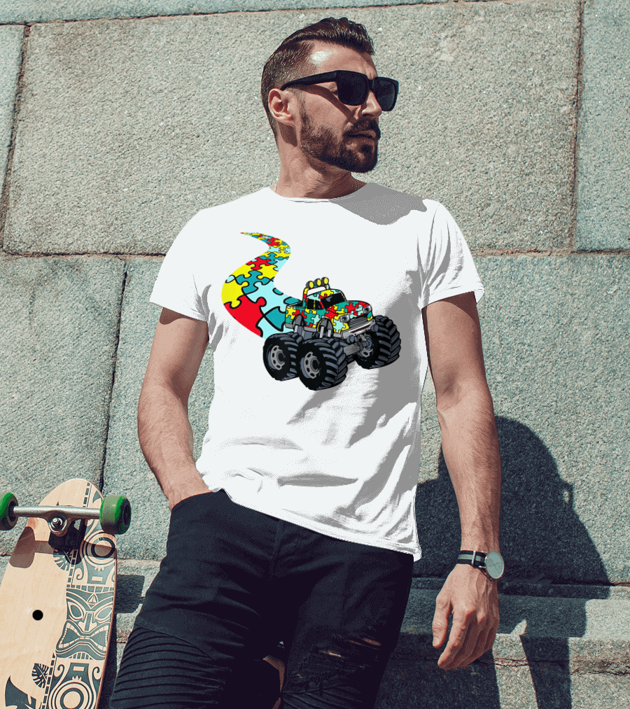 Autism Awareness Puzzle Piece Monster Truck For Boys T-Shirt