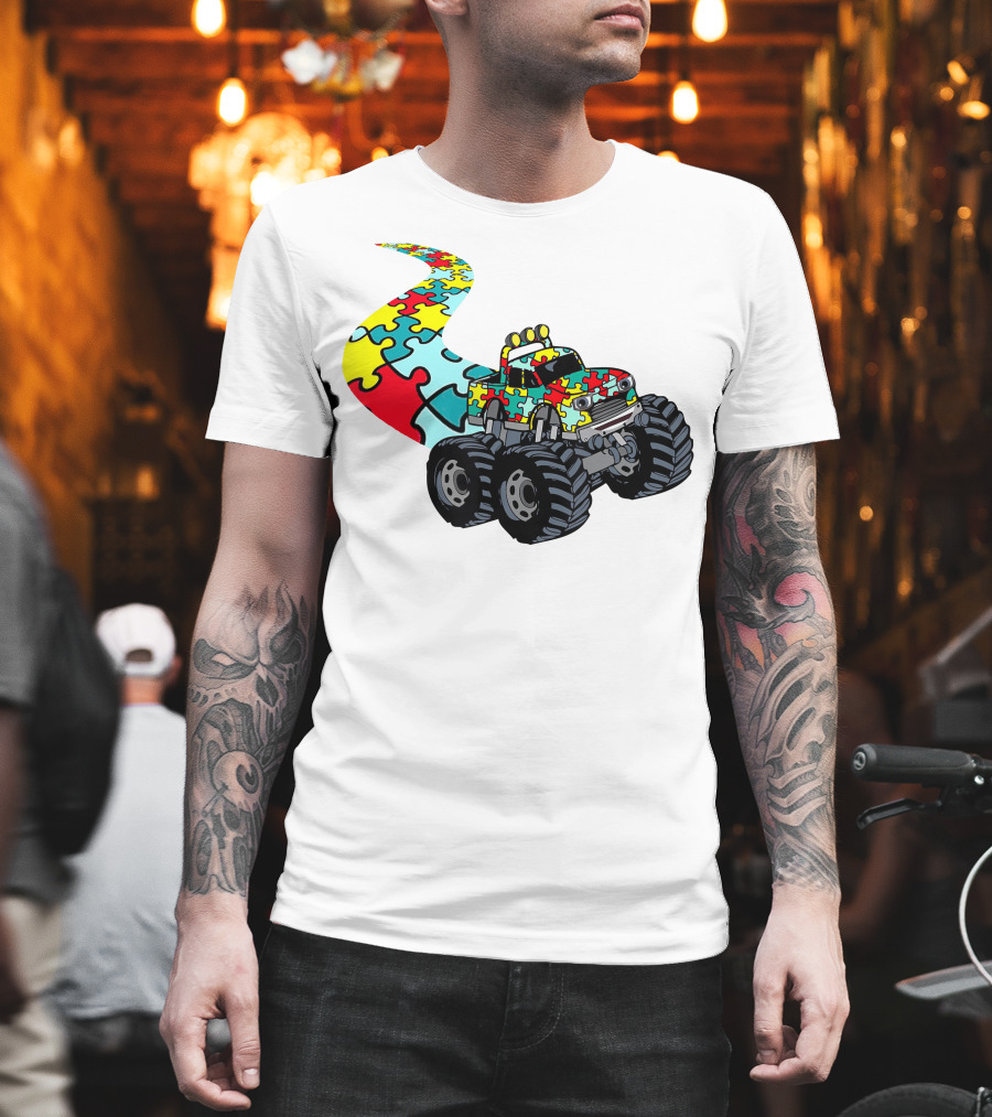 Autism Awareness Puzzle Piece Monster Truck For Boys T-Shirt