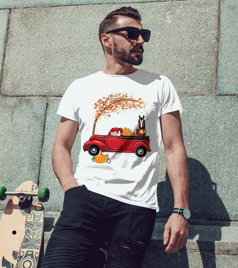 Autumn Fall Season Red Truck Horse Pumpkins Thanksgiving Day T-Shirt
