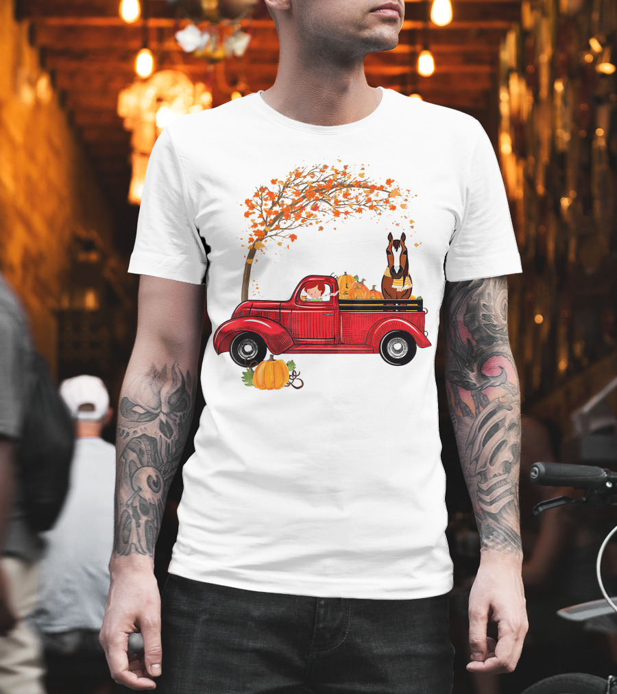 Autumn Fall Season Red Truck Horse Pumpkins Thanksgiving Day T-Shirt