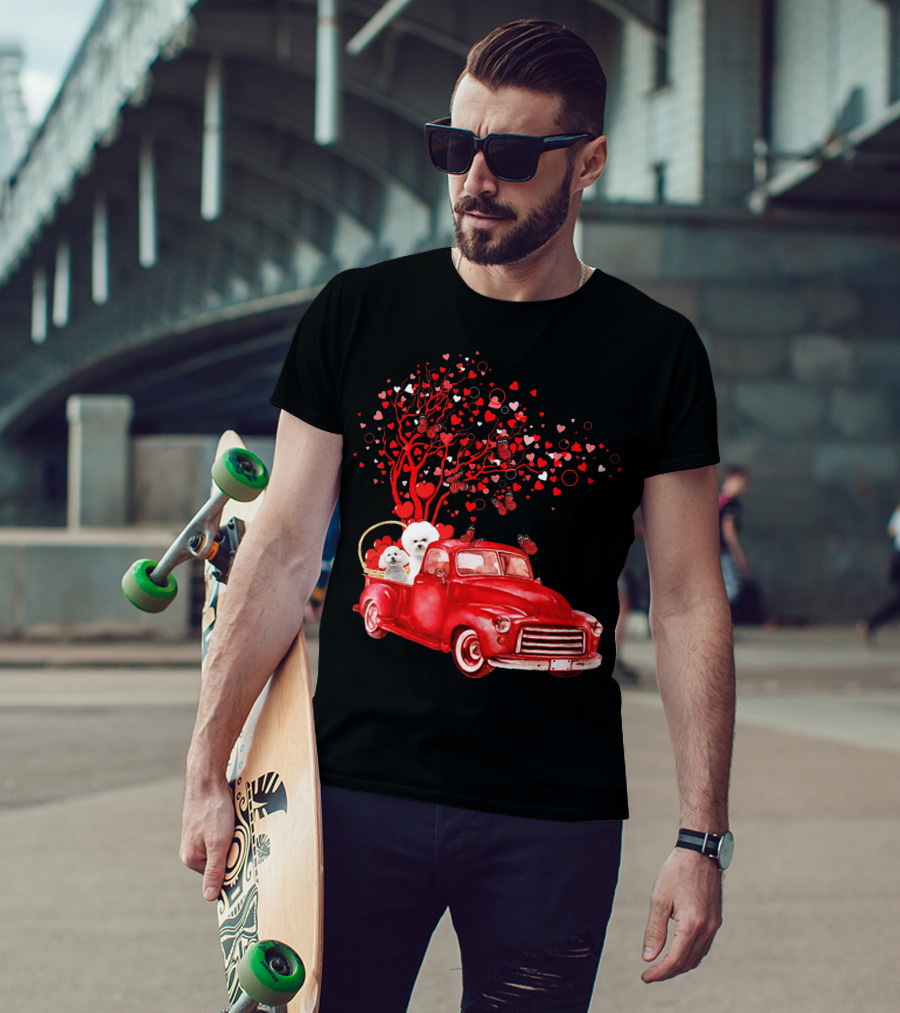 Bichon Frise Valentine Red Truck With Heart Tree And Butterflies T-Shirt