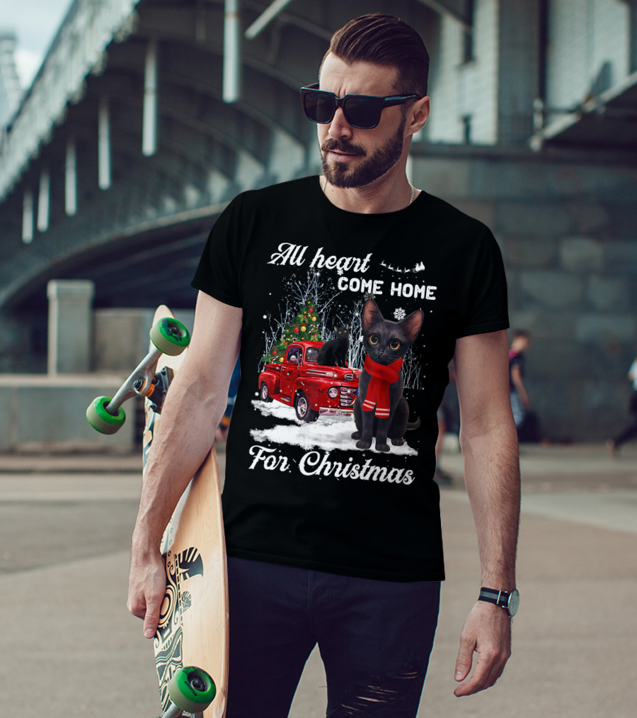 All Heart Come Home For Christmas Black Cat Truck Ornaments Santa Lover T-Shirt