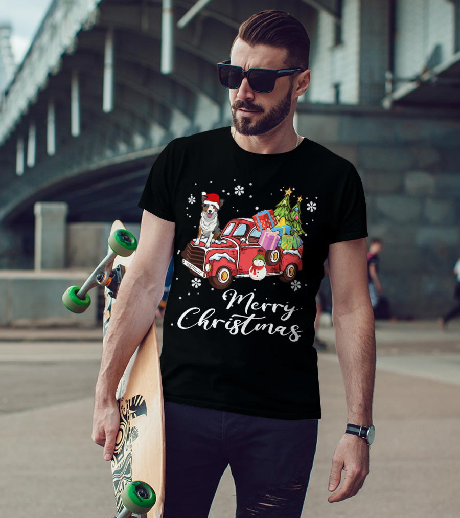 Border Collie On Red Truck With Gifts Snowflakes And Merry Christmas Text T-Shirt