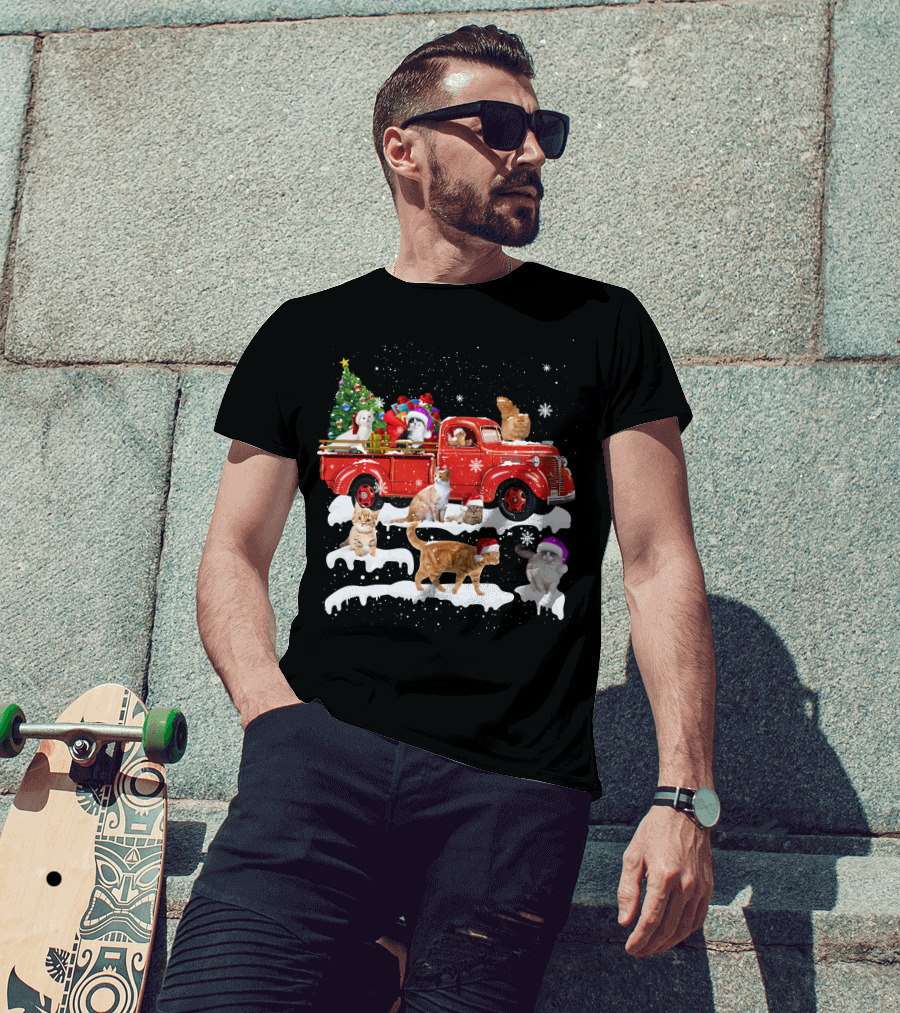 Merry Christmas Cat Riding Red Truck With Kittens And X Mas Tree T-Shirt