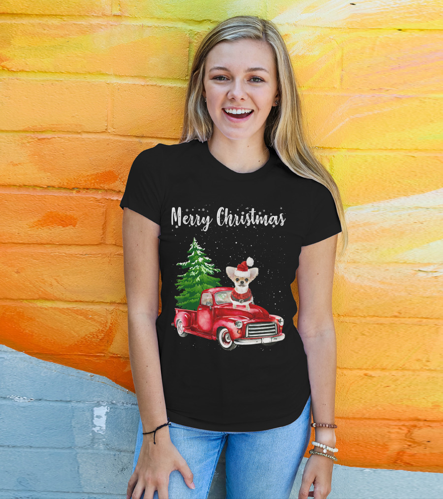 Merry Christmas Chihuahua With Santa Hat Riding Red Truck And Christmas Tree T-Shirt