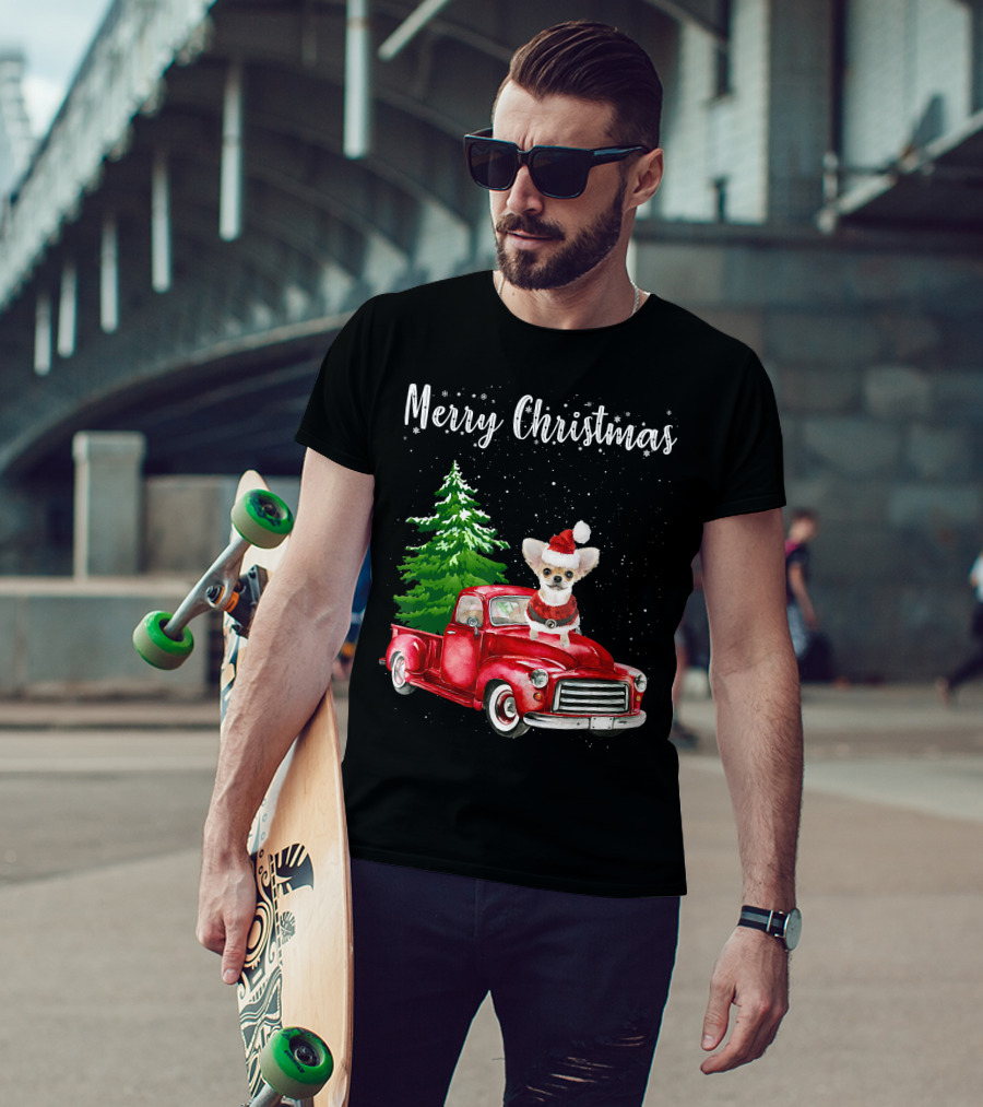 Merry Christmas Chihuahua With Santa Hat Riding Red Truck And Christmas Tree T-Shirt