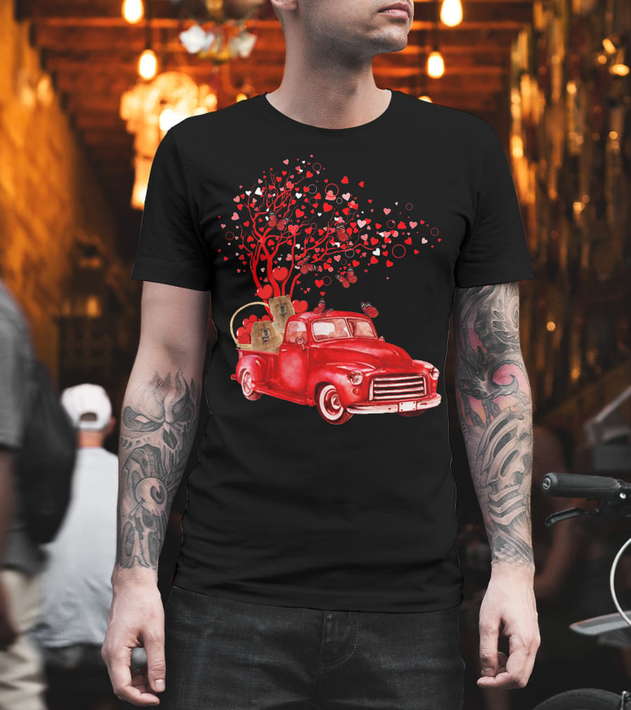 Chow Chow In Red Truck With Butterfly Valentine Heart Tree T-Shirt