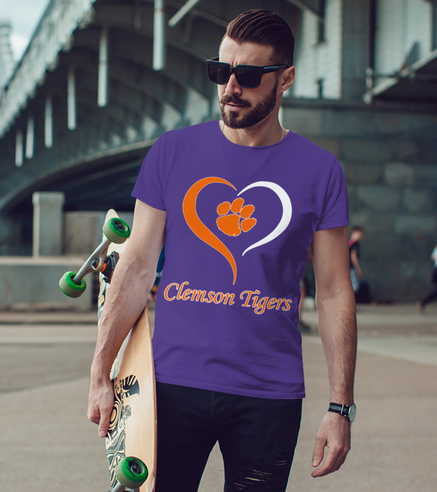 Clemson Tigers Heart Paw Print Purple And Orange T-Shirt