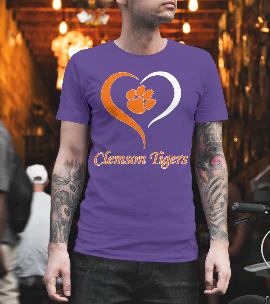 Clemson Tigers Heart Paw Print Purple And Orange T-Shirt