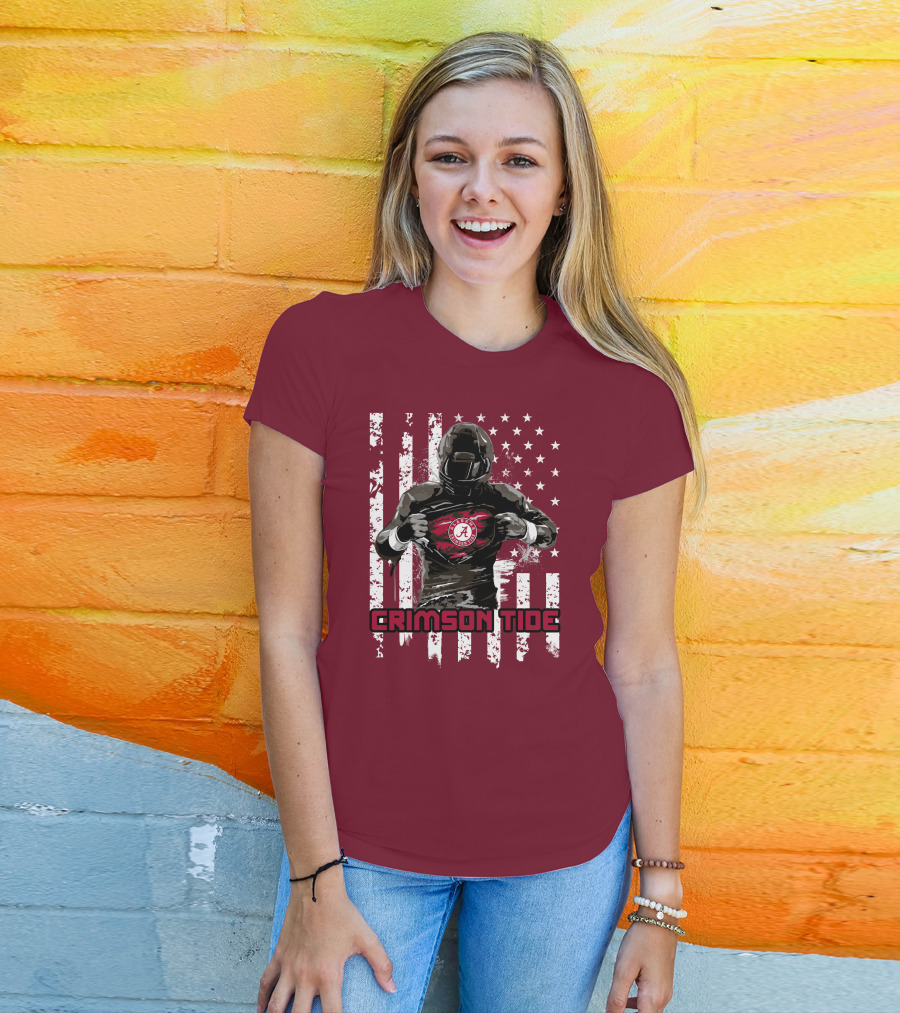 Alabama Crimson Tide Superhero American Flag Football Fan T-Shirt