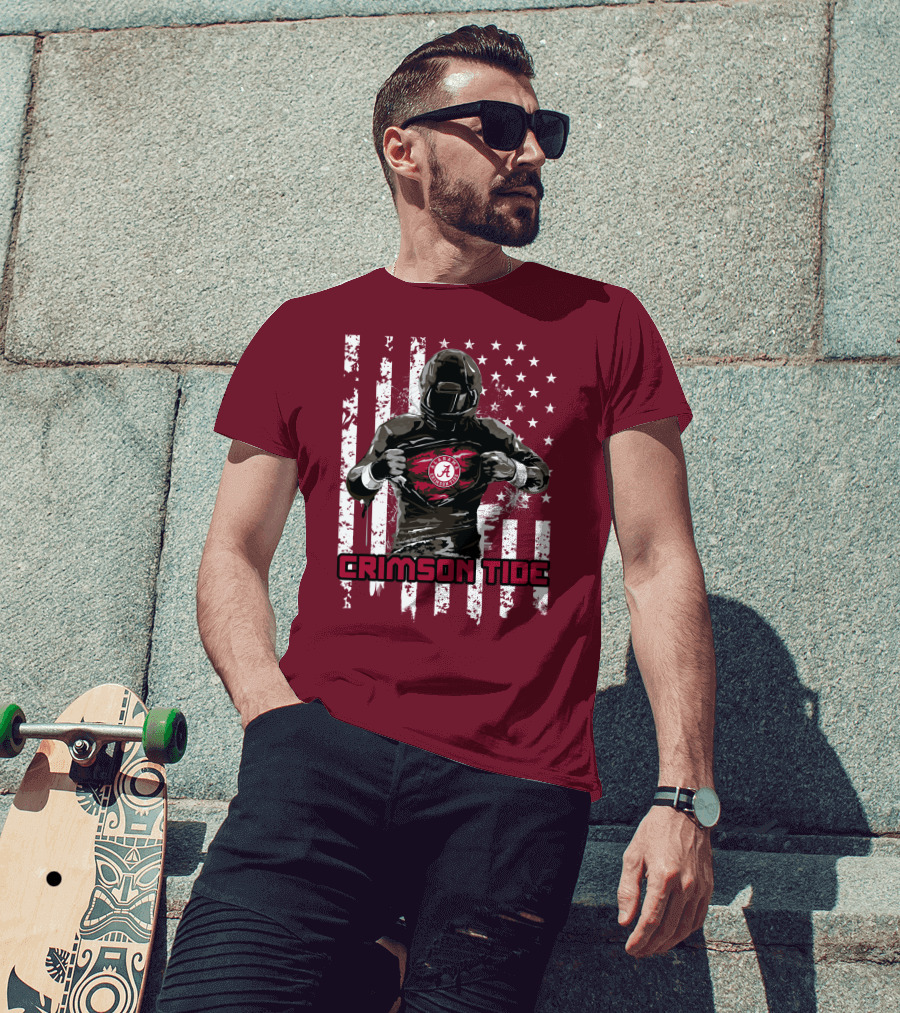 Alabama Crimson Tide Superhero American Flag Football Fan T-Shirt