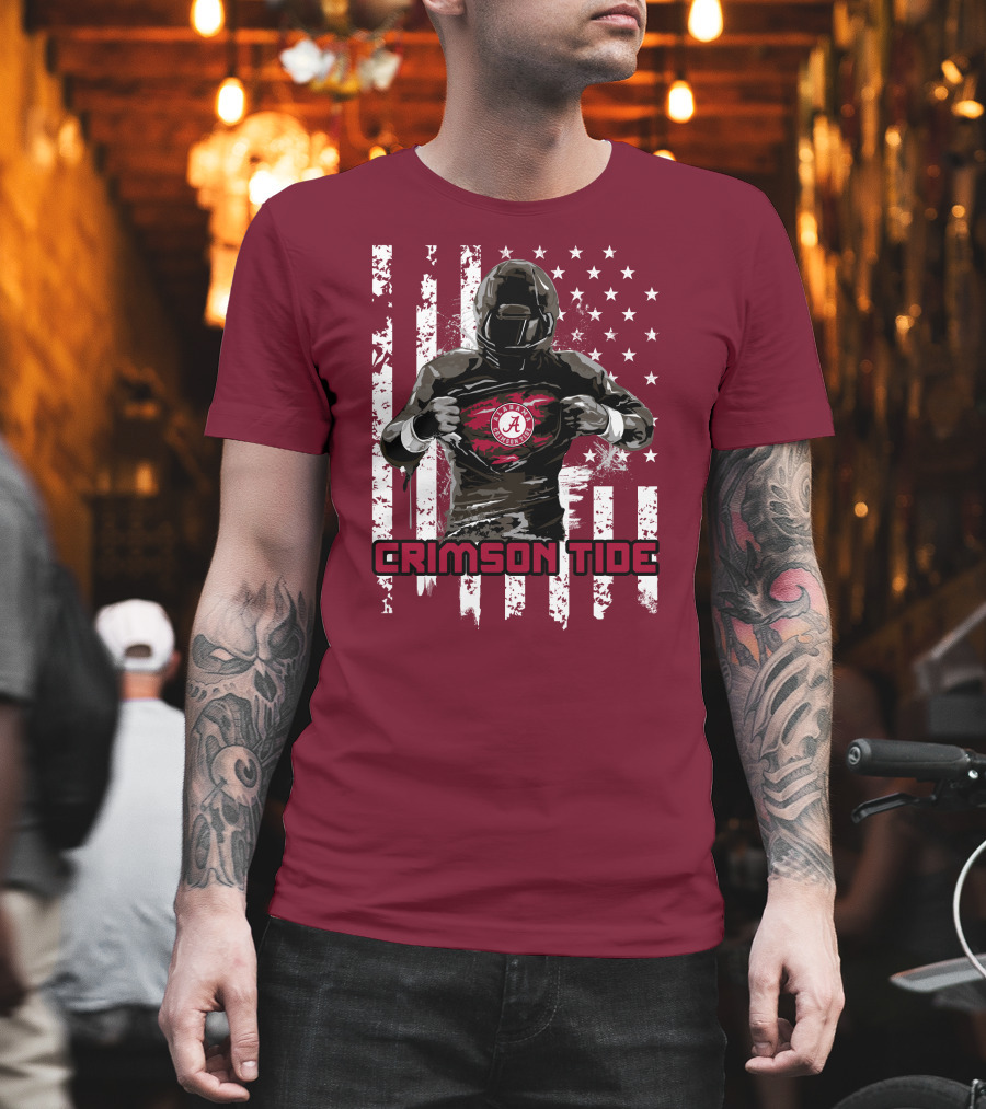 Alabama Crimson Tide Superhero American Flag Football Fan T-Shirt