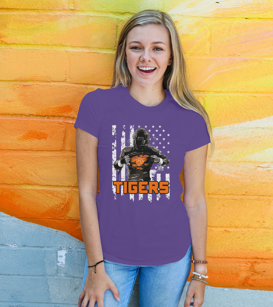 Tigers Player With Paw Logo And Flag Background T-Shirt