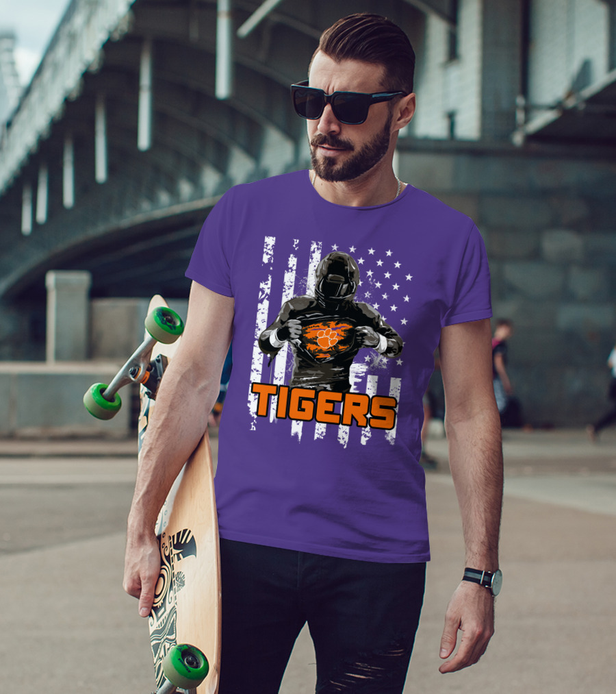 Tigers Player With Paw Logo And Flag Background T-Shirt