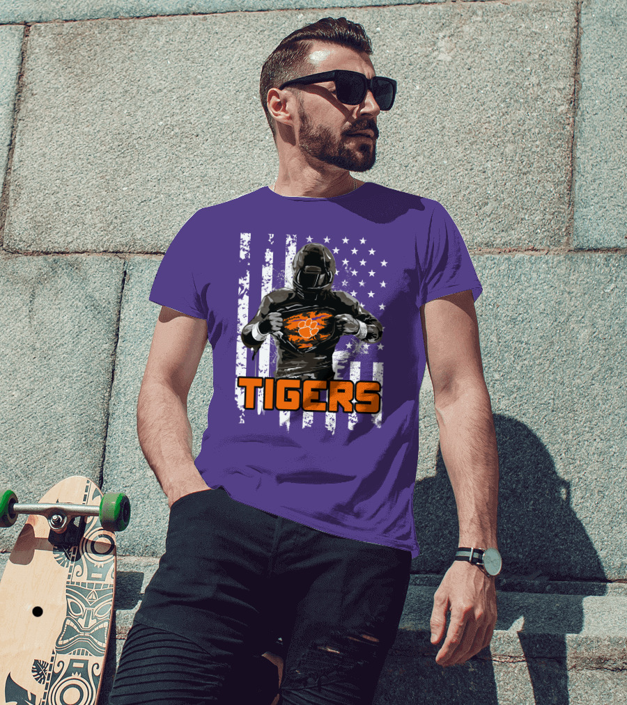 Tigers Player With Paw Logo And Flag Background T-Shirt