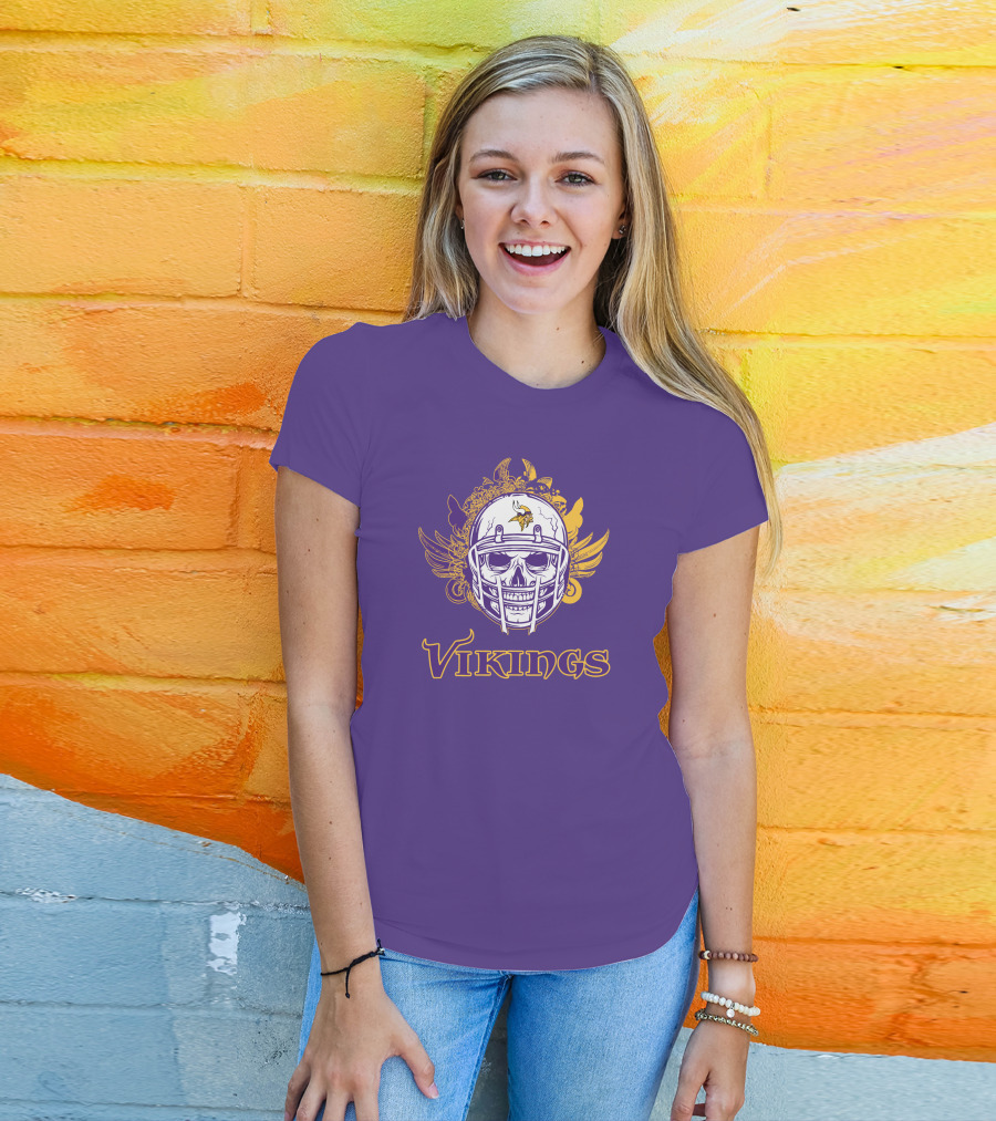 Vikings Skull Helmet With Purple And Yellow Wings T-Shirt