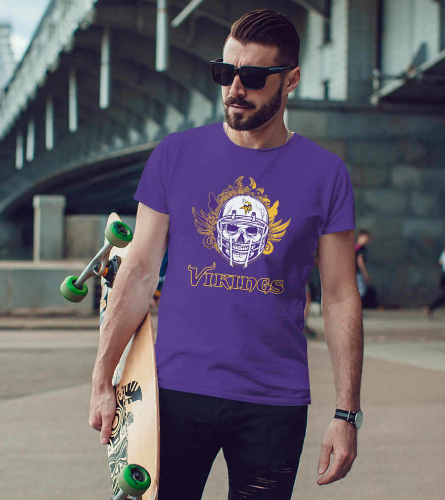Vikings Skull Helmet With Purple And Yellow Wings T-Shirt