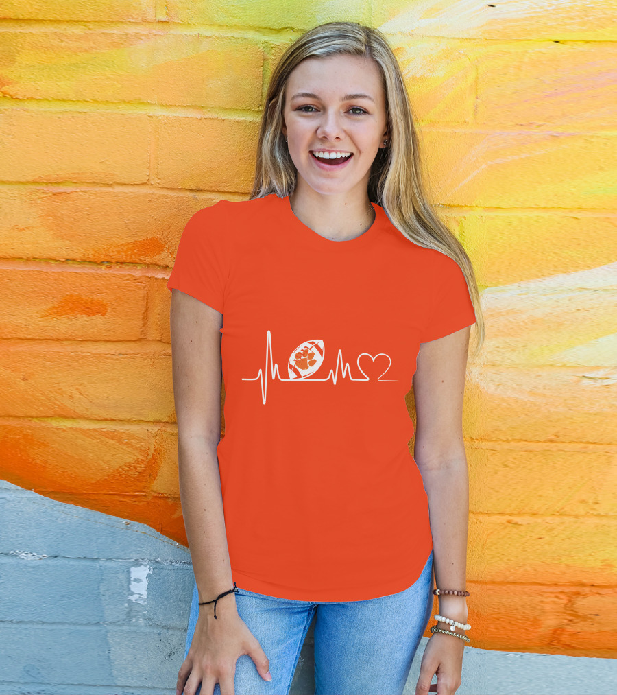 Clemson Tigers Heartbeat Football Paw Prints T-Shirt