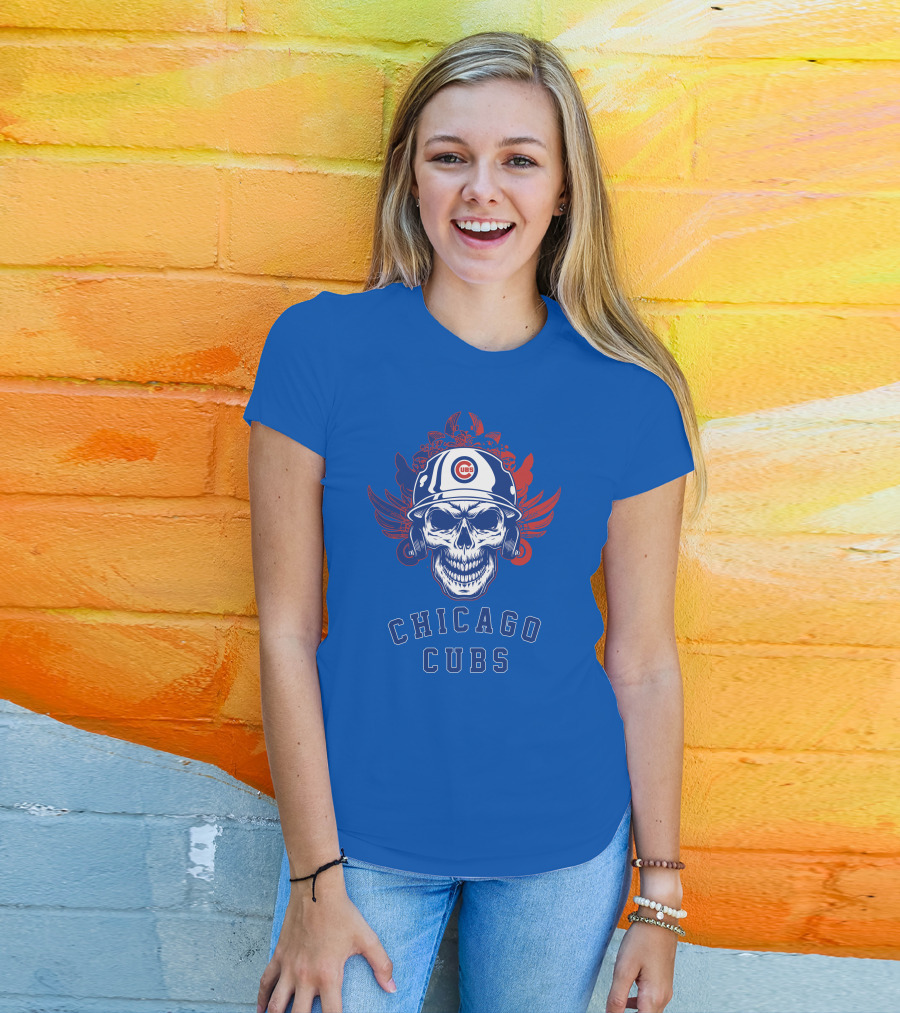 Chicago Cubs Skull Logo With Helmet And Wings T-Shirt