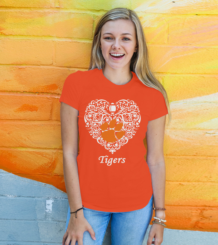 Heart-Shaped Design With Clemson Tigers Paw And Football Elements T-Shirt