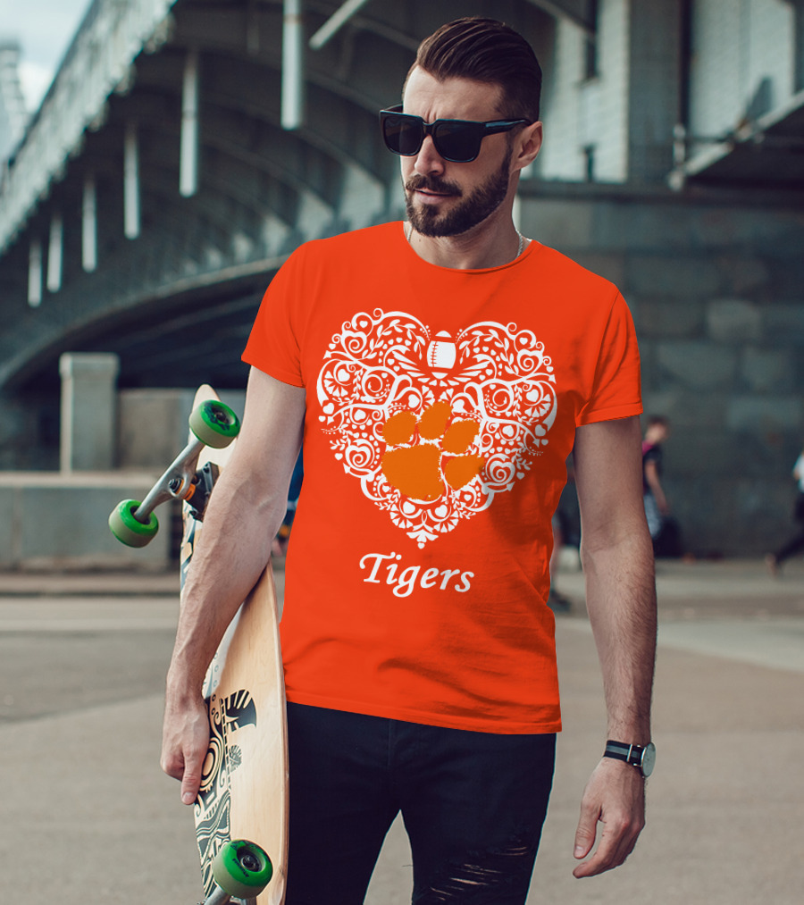 Heart-Shaped Design With Clemson Tigers Paw And Football Elements T-Shirt