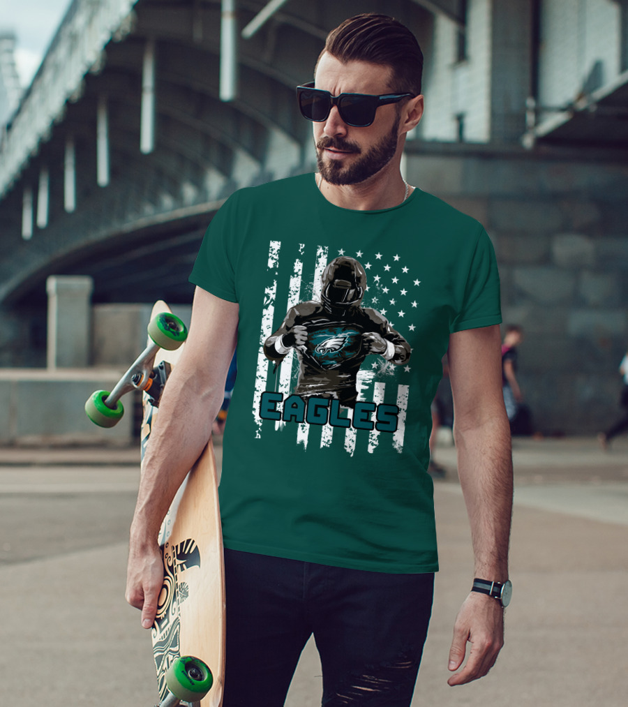 Philadelphia Eagles Football Hero With American Flag Background T-Shirt