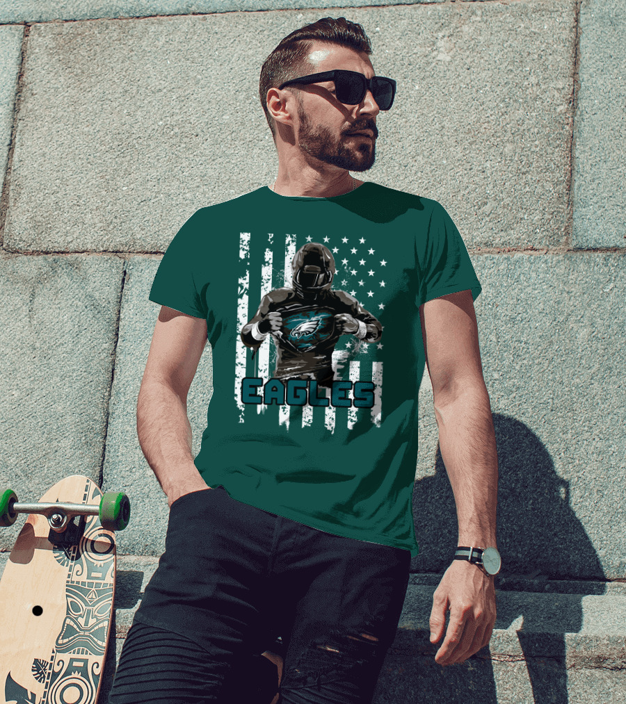 Philadelphia Eagles Football Hero With American Flag Background T-Shirt