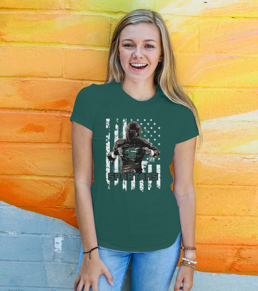 Spartans Player With S Emblem And American Flag Background T-Shirt