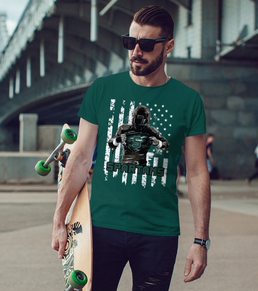 Spartans Player With S Emblem And American Flag Background T-Shirt