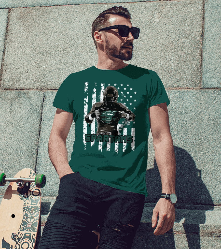 Spartans Player With S Emblem And American Flag Background T-Shirt