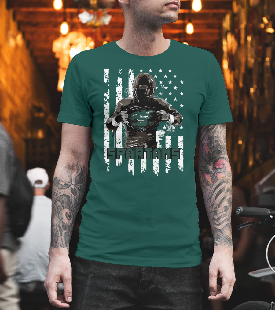 Spartans Player with S Emblem and American Flag Background T-Shirt