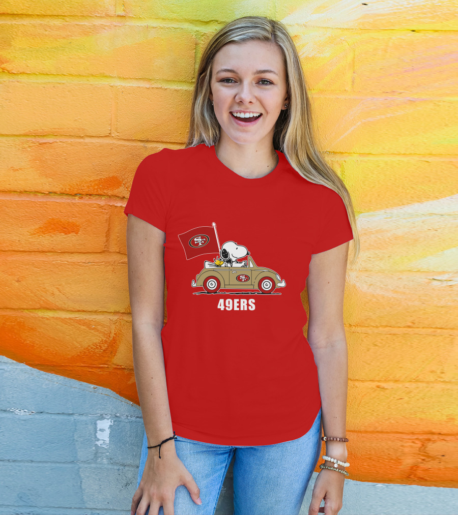 San Francisco 49ers Snoopy Driving Car With Sf Flag T-Shirt