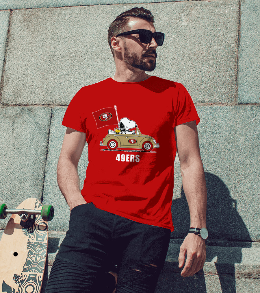 San Francisco 49ers Snoopy Driving Car With Sf Flag T-Shirt