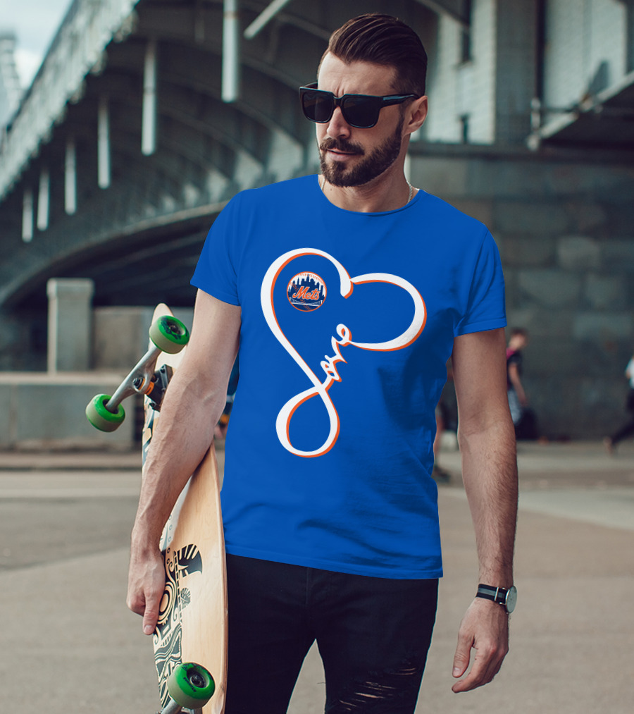 New York Mets Love Script With Heart Outline T-Shirt