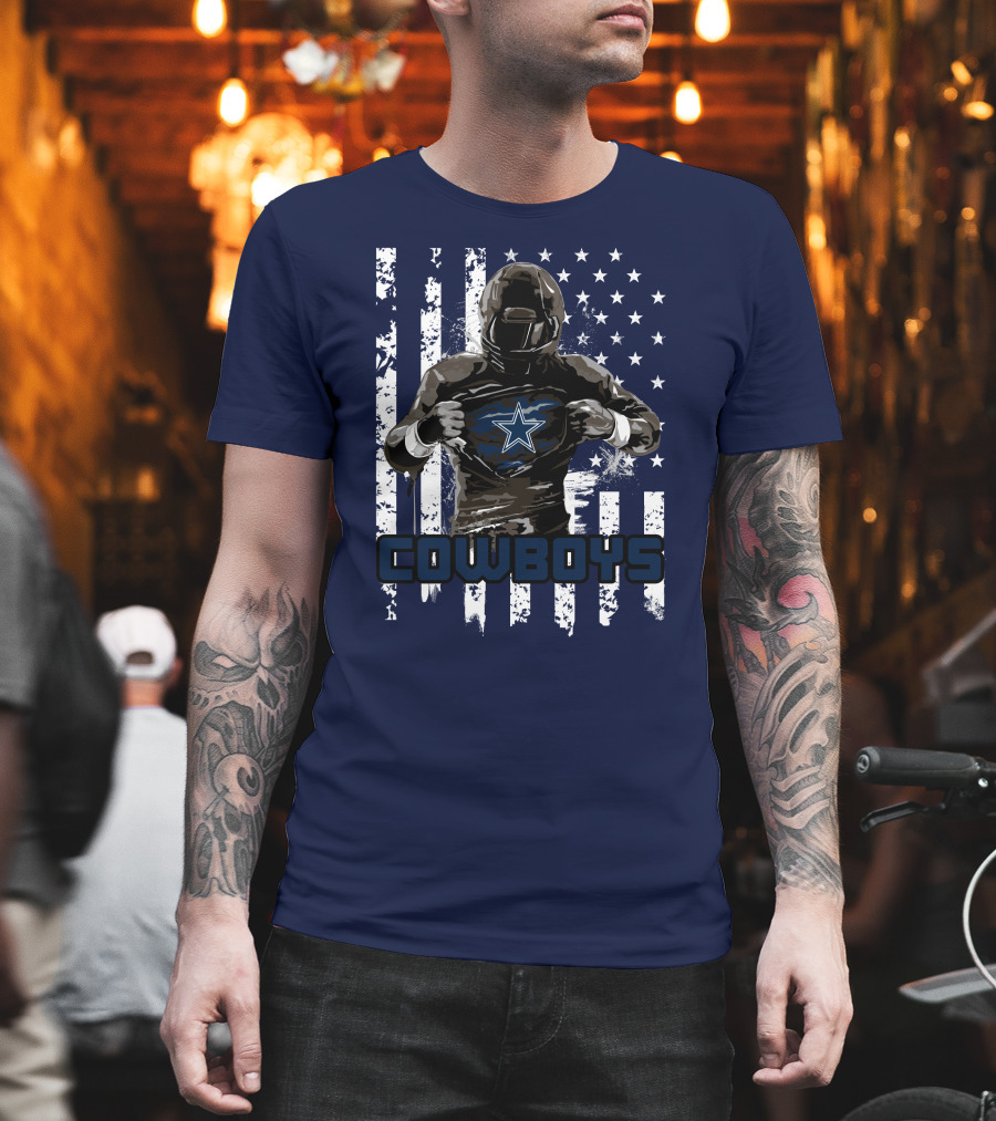 Cowboys Star Emblem on Player American Flag Background T-Shirt