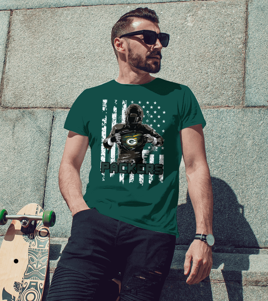 Packers Player With Flag Background And Green Bay T-Shirt