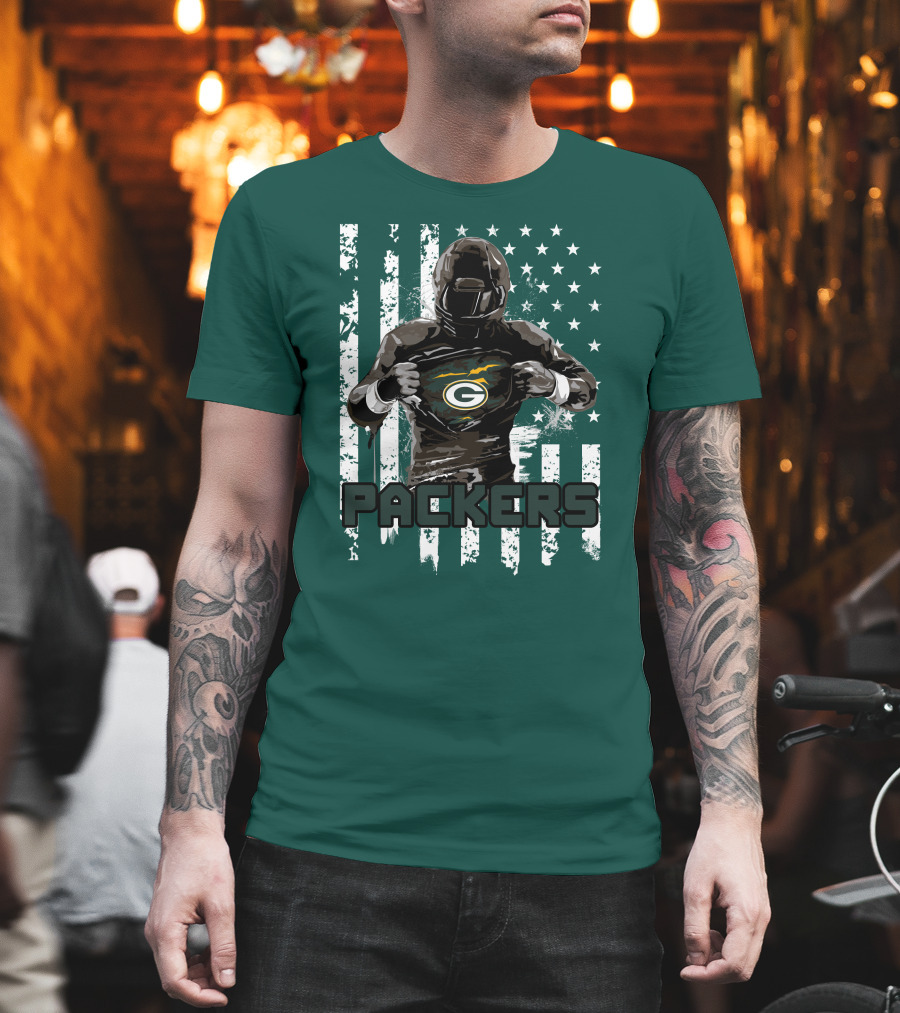 Packers Player with Flag Background and Green Bay T-Shirt