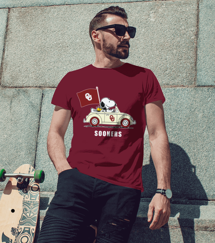 Snoopy Driving Oklahoma Sooners OU Flag Retro Car T-Shirt