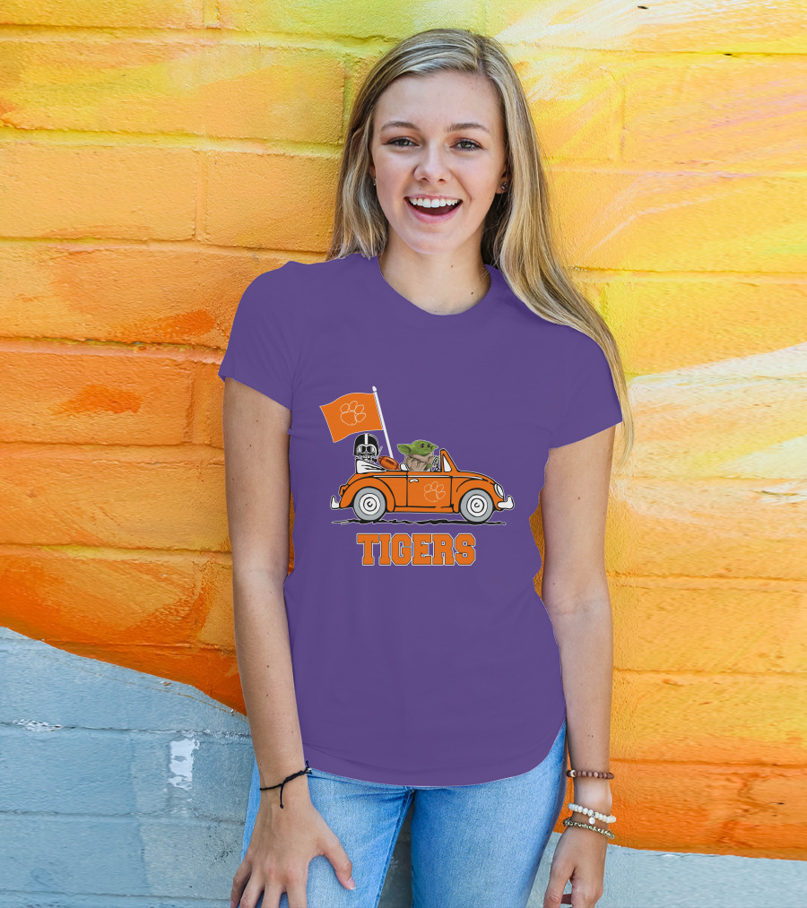 Clemson Tigers Darth Vader Baby Yoda Driving Star Wars Football Car T-Shirt