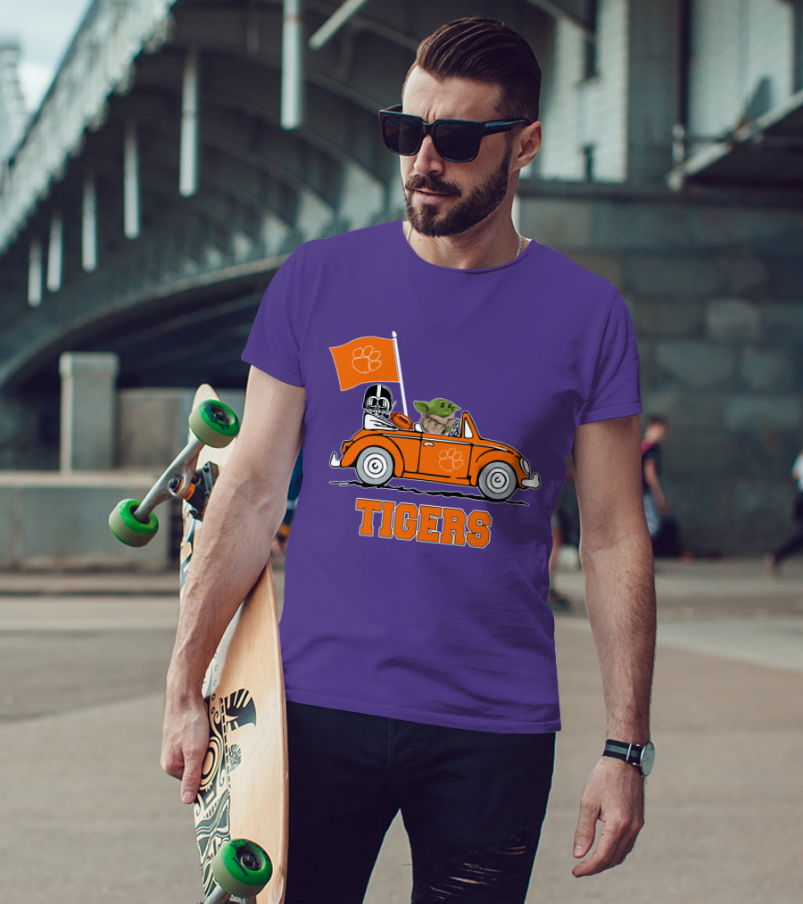Clemson Tigers Darth Vader Baby Yoda Driving Star Wars Football Car T-Shirt