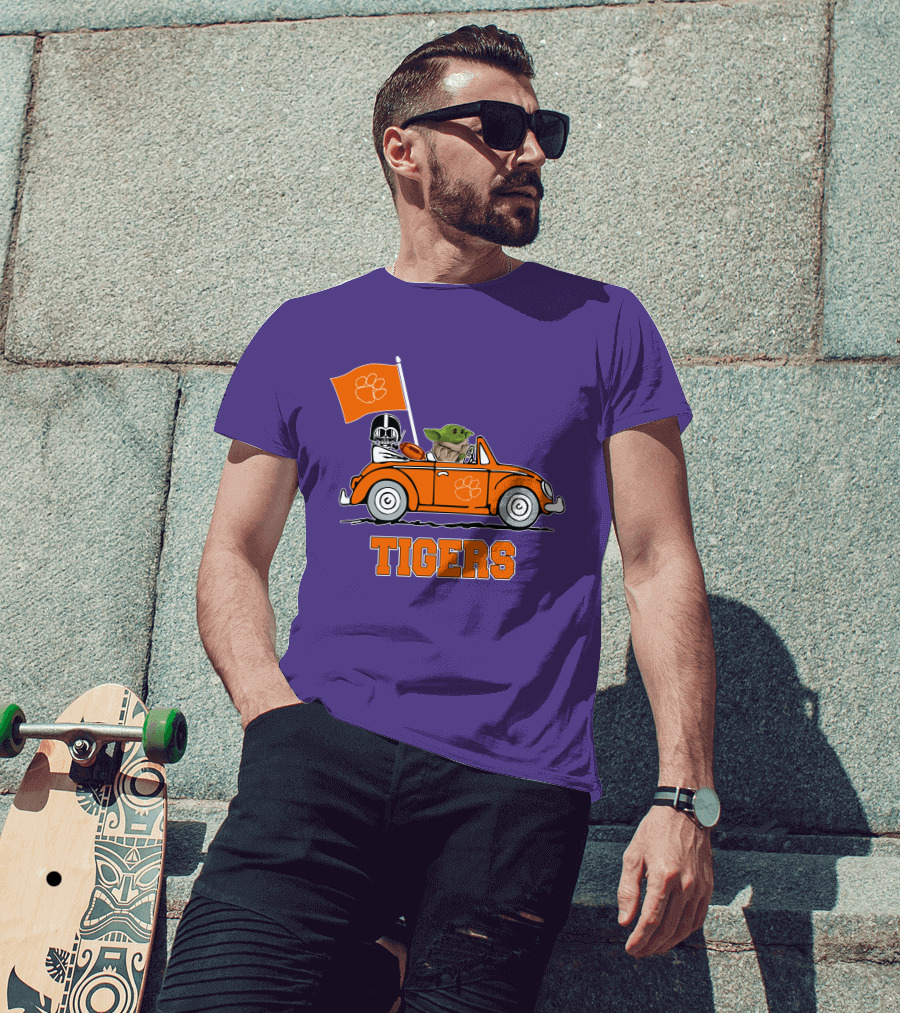 Clemson Tigers Darth Vader Baby Yoda Driving Star Wars Football Car T-Shirt