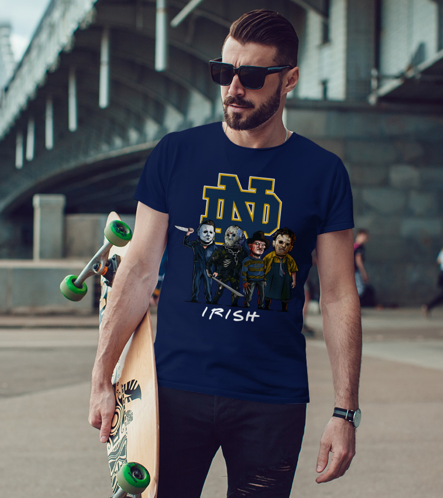 Notre Dame Fighting Irish Halloween With Famous Horror Slasher Characters T-Shirt